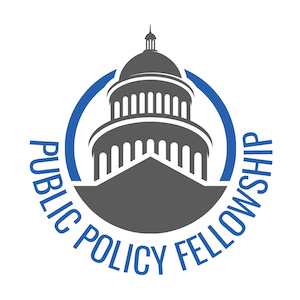 Logo with a stylized gray dome resembling a capitol building, encircled by blue text reading Public Policy Fellowship, highlighting the AIBS connection for IOB PhD Candidates.