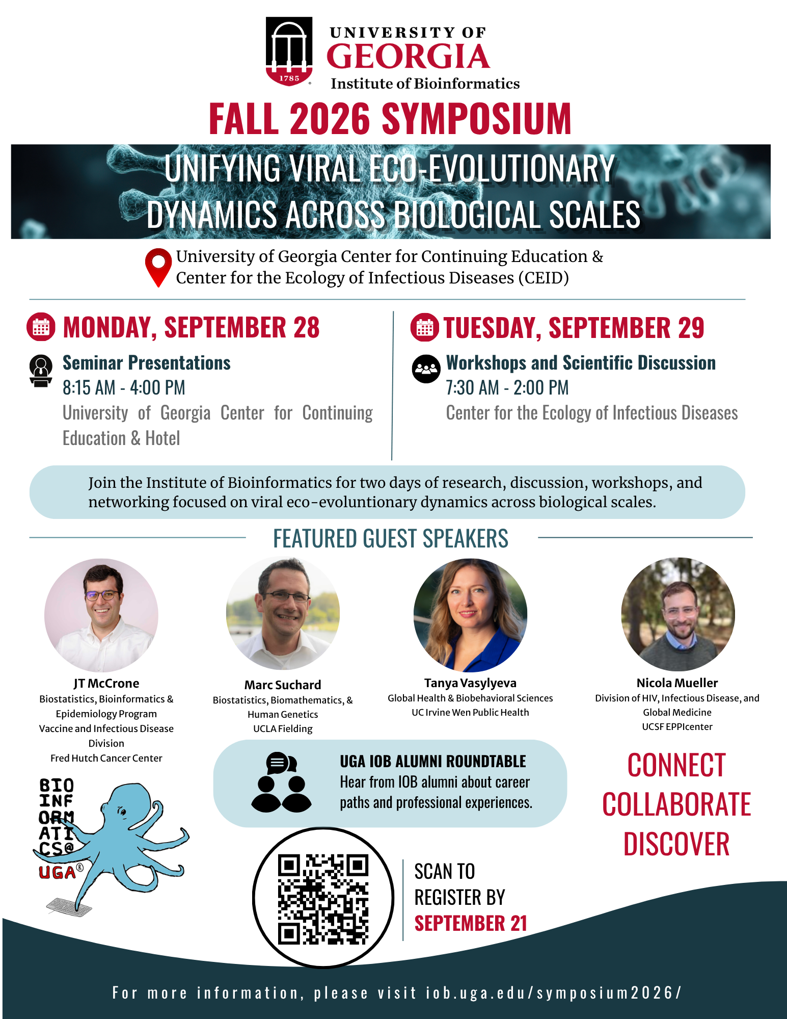 IOB Symposium flyer with schedule, speaker photos, event details, registration info, and University of Georgia branding for the 2026 symposium on viral eco-evolutionary dynamics in bioinformatics.